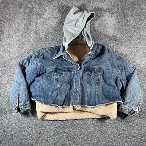 Womens Cropped Denim Jacket Sherpa Lined Hooded Jean Trucker Coat Blue Large L